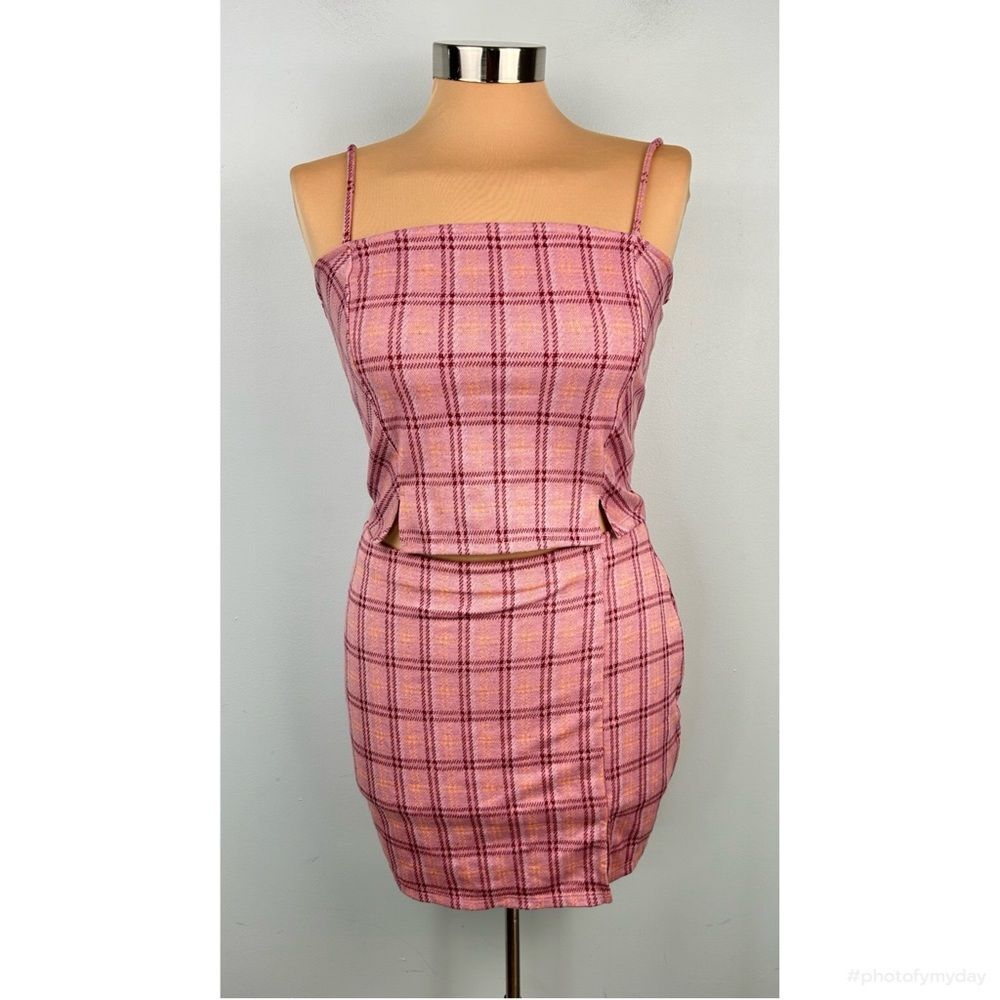 Liz & Sara Pink Plaid Top and Mini Skirt Set 90’s Y2K Preppy Clueless Sz L